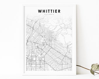 Whittier CA Map Print, California USA Map Art Poster, Los Angeles, City Street Road Map Print, Nursery Room Wall Office Decor, Printable Map