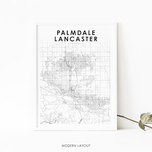 Impressão de mapa de Palmdale e Lancaster CA, pôster de arte de mapa da Califórnia EUA, impressão de mapa de rua da cidade, decoração de parede de escritório de berçário, mapa para impressão