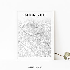 Impressão de mapa de Catonsville MD, pôster de arte de mapa de Maryland EUA, impressão de mapa de estradas de Baltimore, City Street, decoração de escritório de parede de quarto de berçário, mapa para impressão