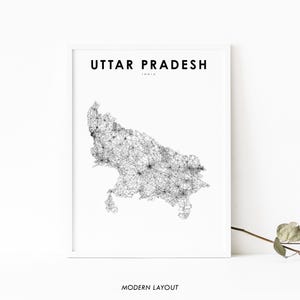 ウッタル プラデーシュ州 インド地図プリント、道路地図アート ポスター、ラクナウ カンプール、都市ストリート マップ アート、部屋 オフィス 壁装飾 ミニマリスト アート 印刷可能な地図