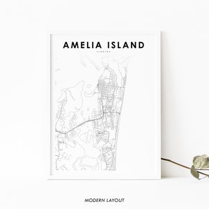 Impressão de mapa de Amelia Island FL, pôster de arte de mapa da Flórida EUA, impressão de mapa de estradas de ruas da cidade, decoração de escritório de parede de quarto de berçário, mapa para impressão