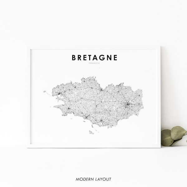 Brittany France Map Print, Bretagne française Road Map Art Poster, Rennes Map Art, Nursery Room Office Wall Decor, Printable Map