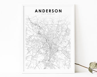 Anderson SC Karte Druck, South Carolina USA Karte Kunst Poster, Stadtstraße Straßenkarte Druck, Kinderzimmer Wand Bürodekor, druckbare Karte