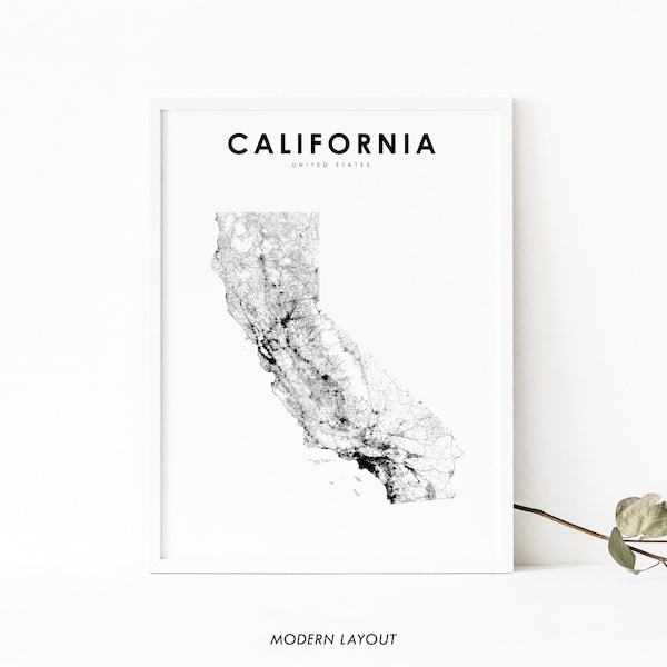 Impresión de mapas de California, impresión de mapas de carreteras estatales, cartel de arte de mapas de California CA EE. UU., decoración de la oficina de la pared de la sala de guardería, mapa imprimible