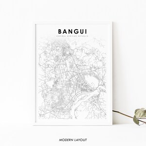 May include: A black and white map of Bangui, Central African Republic, with a modern layout. The map shows the city's streets, roads, and waterways.