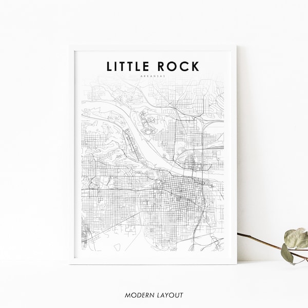 May include: A black and white line art map of Little Rock, Arkansas. The map shows the city streets and the Arkansas River. The title "Little Rock, Arkansas" is at the top of the map. The words "Modern Layout" are at the bottom of the map.