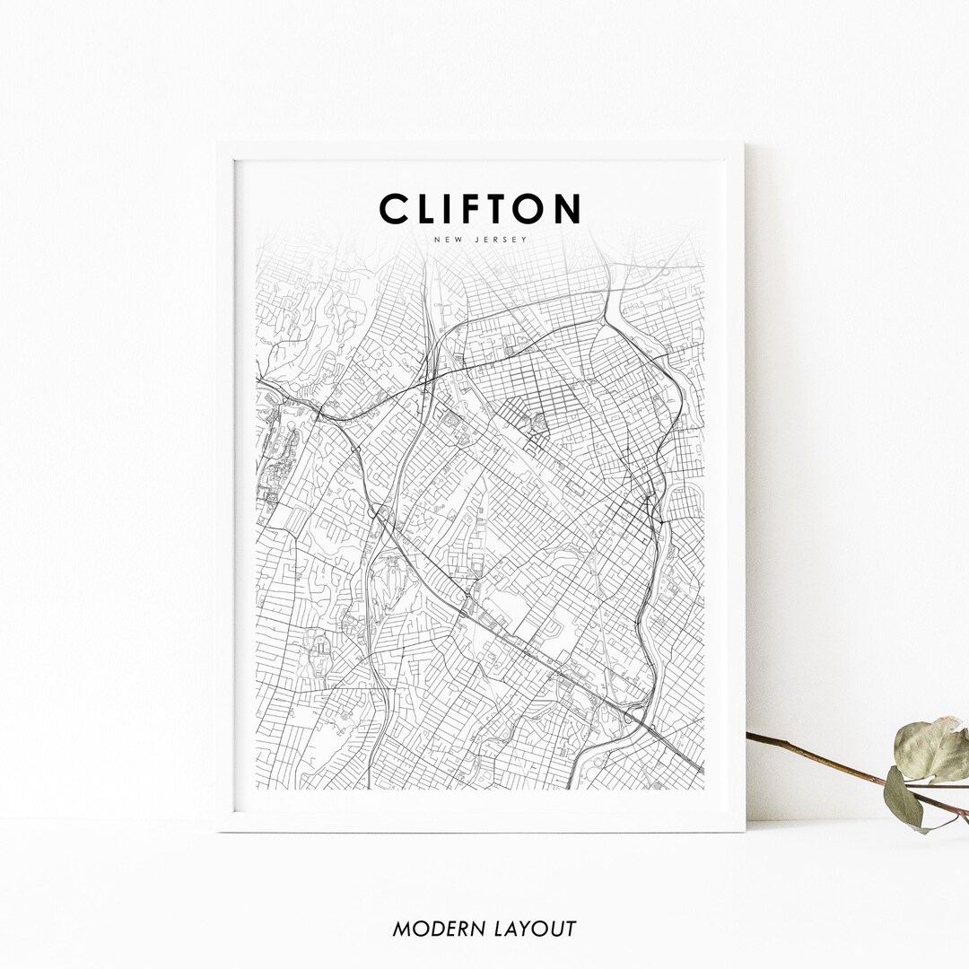 Clifton NJ Map Print, New Jersey USA Map Art Poster, Passaic, City ...