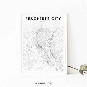Impressão de mapa de Peachtree City GA, pôster de arte de mapa da Geórgia EUA, Fayette, impressão de mapa de estradas de rua da cidade, decoração de escritório de parede de quarto de berçário, mapa para impressão