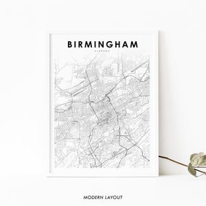 Impresión de mapas de Birmingham AL, cartel de arte de mapas de Alabama EE. UU., impresión de mapas de carreteras de la calle de la ciudad de Estados Unidos, decoración de la oficina de la pared de la sala de guardería, mapa imprimible