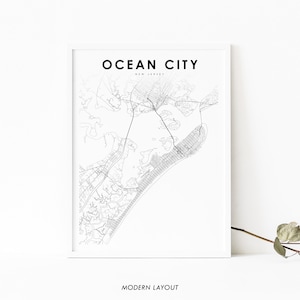 Impressão de mapa de Ocean City NJ, pôster de arte de mapa de Nova Jersey EUA, impressão de mapa de estradas de ruas da cidade, decoração de parede de escritório de berçário, mapa minimalista para impressão