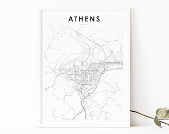 Stampa della mappa Atene OH, Poster artistico della mappa Ohio USA, Stati Uniti, Stampa della mappa stradale della città, Decorazione dell'ufficio della parete della stanza della scuola materna, Mappa stampabile