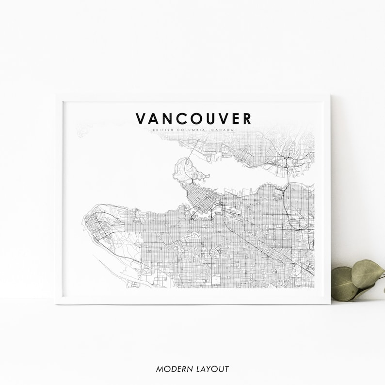 Vancouver BC Map Print, British Columbia Canada Map Art Poster, City Road Street Map Print, Nursery Room Wall Office Decor, Printable Map image 1