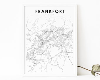 Könnte beinhalten: Eine Schwarzweiß-Linienkarte von Frankfort, Kentucky. Die Karte zeigt die Straßen und Wasserwege der Stadt. Der Text "FRANKFORT" und "KENTUCKY" ist über der Karte gedruckt. Der Text "MODERN LAYOUT" ist unter der Karte gedruckt.
