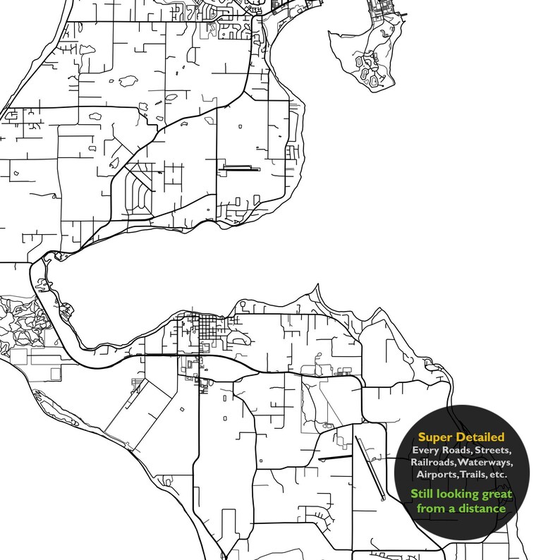 May include: Black and white line art map of a coastal city with roads, waterways, and other infrastructure. The text "Super Detailed" and "Every Roads, Streets, Railroads, Waterways, Airports, Trails, etc." and "Still looking great from a distance" is in the lower right corner of the map.