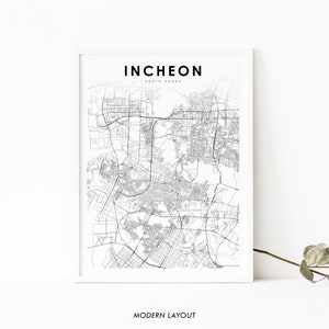 Incheon Map Print, South Korea Map Art Poster, 인천 대한민국 한국, City Street Road Map Print, Nursery Room Wall Office Decor, Printable Map