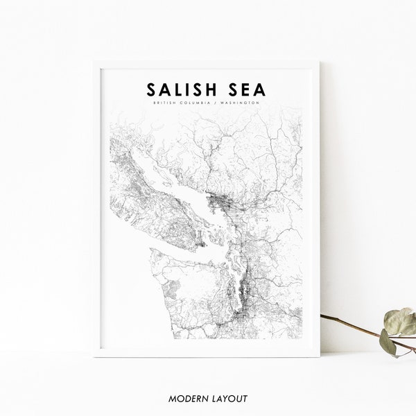 Salish Sea Washington BC Map Print, British Columbia Canada USA Map Art Poster, City Street Road Map Print, Nursery Room Office Wall Decor