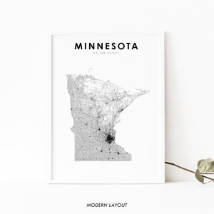 Stampa della mappa del Minnesota, stampa della mappa stradale dello stato, poster artistico della mappa degli Stati Uniti del MN USA, decorazione dell&#39;ufficio della parete della stanza della scuola materna, mappa stampabile