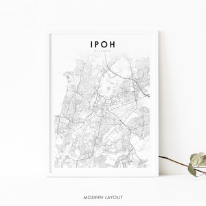 Impressão de mapa de Ipoh Malásia, pôster de arte de mapa, 怡保 Perak, impressão de mapa de estradas de ruas da cidade, decoração de parede de quarto de berçário, mapa para impressão