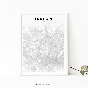 Impressão de mapa de Ibadan Nigéria, pôster de arte de mapa, Ìbàdàn Oyo, impressão de mapa de estradas de ruas da cidade, decoração de parede de escritório de berçário, mapa para impressão