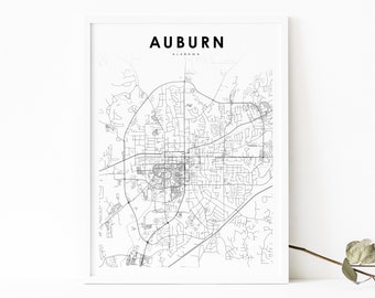 Op de afbeelding: Een zwart-witte kaart van Auburn, Alabama, met de naam van de stad en de tekst "Modern Layout" onderaan.