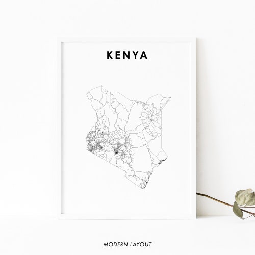 Kenya Map Print Country Road Map Poster Nairobi Mombasa Etsy