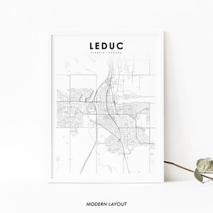 Könnte beinhalten: Eine Schwarzweiß-Linienkarte von Leduc, Alberta, Kanada. Die Karte zeigt die Straßen und Stadtteile der Stadt. Der Text "LEDUC" und "ALBERTA, CANADA" befindet sich oben auf der Karte. Der Text "MODERN LAYOUT" befindet sich unten auf der Karte.