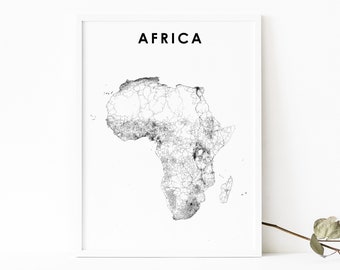 Africa Map Print, World Road Map Art Poster, Egypt South Africa Road Map Art Nursery Room Office Wall Decor, Minimalist Printable Map