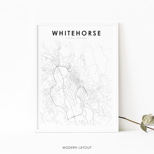 Impressão de mapa de Whitehorse YT, pôster de arte de mapa de Yukon Canadá, impressão de mapa de estrada de rua da cidade, decoração de escritório de parede de quarto de berçário, mapa imprimível