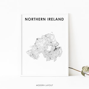 Impresión de mapas de Irlanda del Norte, Cartel de arte de la hoja de ruta, Reino Unido Reino Unido Tuaisceart Éireann Belfast, Decoración de la oficina de la pared de la guardería, Mapa imprimible