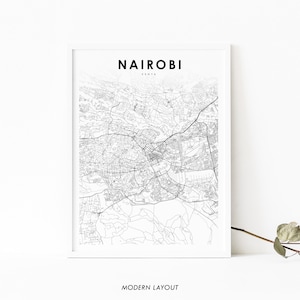 Impressão de mapa de Nairóbi Quênia, pôster de arte de mapa, impressão de mapa de estradas da cidade de Nyrobi África, decoração de escritório de parede de quarto de berçário, mapa imprimível