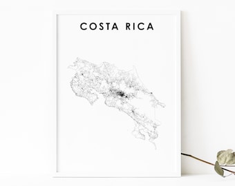 Impresión de mapas de Costa Rica, cartel de arte de la hoja de ruta del país, arte del mapa de San José de América Central del Caribe, decoración de la oficina de la pared de la sala de la guardería, mapa imprimible