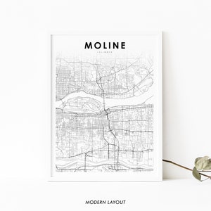 Moline IL carte impression, Illinois USA carte Art affiche, Quad Cities, ville rue route carte impression, pépinière chambre mur bureau Decor, carte imprimable