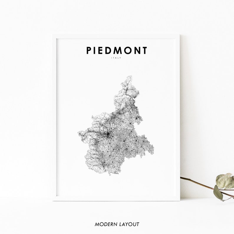 May include: A black and white map of Piedmont, Italy, with the text "Piedmont, Italy" and "Modern Layout" printed below the map.