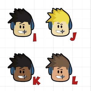 Pode incluir: Quatro avatares de desenho animado com diferentes cores de cabelo e tons de pele. Cada avatar est&aacute; usando fones de ouvido azuis e tem um sorriso branco com uma linha preta atravessando-o. Os avatares s&atilde;o rotulados como I, J, K e L.