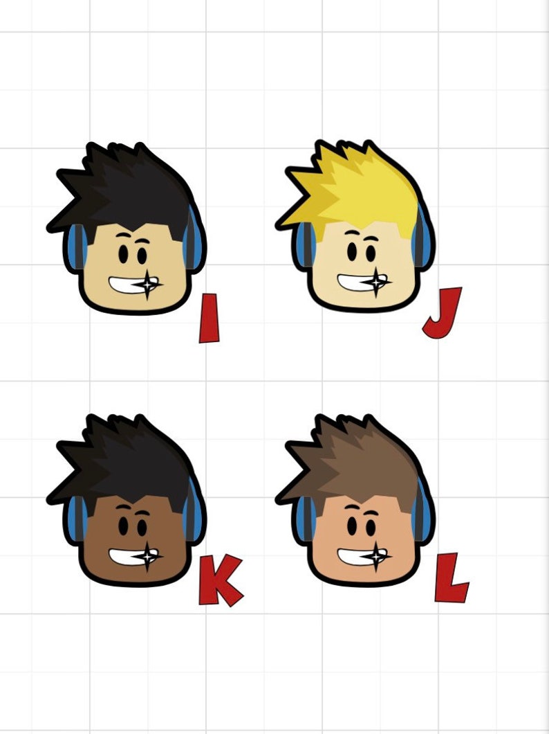 Pode incluir: Quatro avatares de desenho animado com diferentes cores de cabelo e tons de pele. Cada avatar est&aacute; usando fones de ouvido azuis e tem um sorriso branco com uma linha preta atravessando-o. Os avatares s&atilde;o rotulados como I, J, K e L.