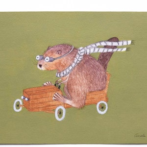 Ilustración original con acrílicos y lápices de colores "Castor en un coche de caja de jabón" Obras de arte suecas hechas a mano enmarcadas en un marco de madera de 15 x 20 cm