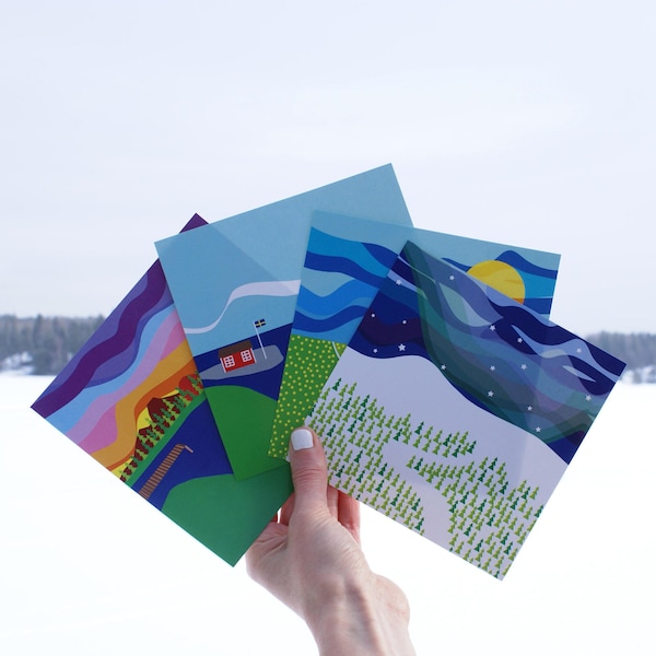 Printed Illustrated Postcards "Swedish Seasons" Motifs From The Nature Of Sweden Set Of 4 With Envelopes