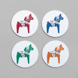Handmade Illustrated Coasters &quot;Dalahästar&quot;  Dala Horses Motifs From Dalarna in Sweden Scandinavian Folk Art Set Of 4