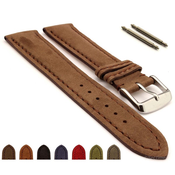 18mm 20mm 22mm 24mm Genuine Leather Nubuck Watch Strap Band Evosa SS. Buckle Spring Bars Brown Black Blue Maroon Green Grey