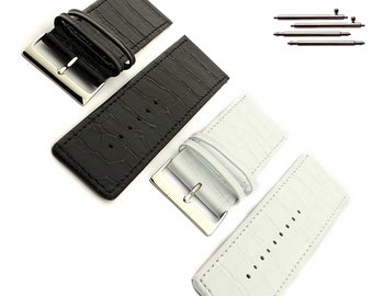 30mm 32mm 34mm 36mm 38mm 40mm Genuine Leather Replacement Watch Strap Band Croco Grain Spec WB Classic Quick Release Spring Bars Black White