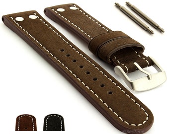 20mm 22mm Riveted Suede Genuine Leather Watch Strap Band in Aviator Style Extra Short Brown Black SS. Buckle and Spring Bars