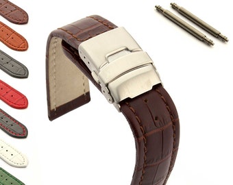 18mm 20mm 22mm 24mm 26mm Men's Genuine Leather Watch Strap Band Matching Stitching Croc Deployant Clasp Brown Black Blue Red Green White