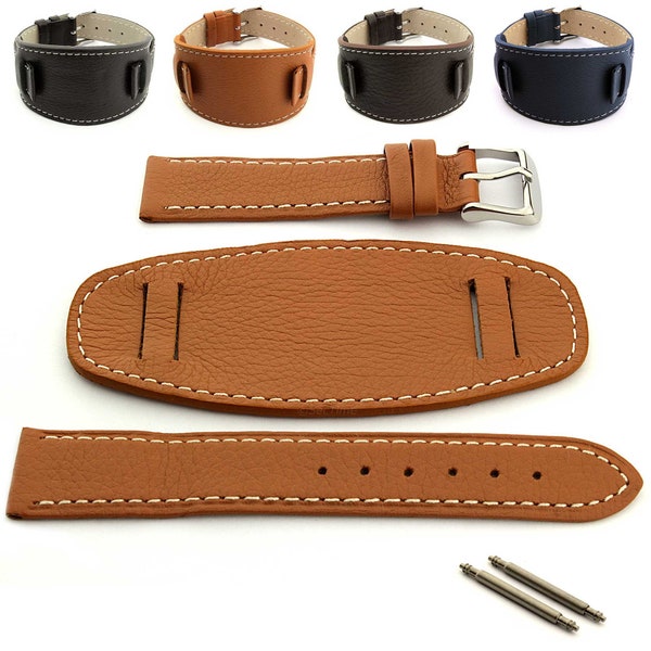 Bracelet de montre en cuir véritable 18 mm 20 mm 22 mm 24 mm avec coussinet/manchette - Monte, boucle en acier inoxydable, barres à ressort - Marron noir bleu