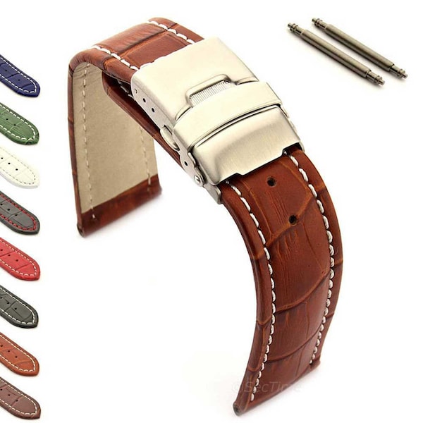 Correa de reloj de cuero genuino para hombre, 18mm, 20mm, 22mm, 24mm, 26mm, costura blanca, cierre desplegable de grano de cocodrilo, marrón, negro, azul, rojo y verde