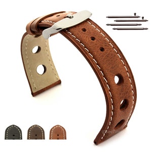 Könnte beinhalten: Braunes Lederarmband mit weißen Nähten und einer silbernen Schließe. Das Armband hat ein perforiertes Design und wird mit Federstegen geliefert.