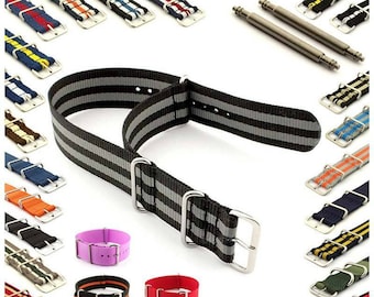 Cinturino per orologio Nato in nylon da 16 mm, 18 mm, 20 mm, 22 mm, 24 mm, anse fisse/standard, nero, grigio, blu, verde, rosso, marrone, arancione, giallo, bianco, lilla, crema