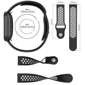 Peut inclure: Bracelet de montre en silicone noir avec un motif perfor&eacute; gris. Le bracelet est r&eacute;glable avec une longueur minimale de 16 cm et une longueur maximale de 20,5 cm. Le bracelet est large de 2,3 cm.