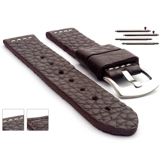 Dark Brown Grained Leather Watch Strap: 20mm 22mm Band with Quick Release