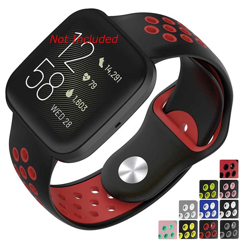Peut inclure: Bracelet de montre en silicone noir et rouge avec un design respirant et perfor&eacute;. Le bracelet est compatible avec les montres intelligentes Fitbit Versa 3 et Sense. L'image montre &eacute;galement une vari&eacute;t&eacute; d'options de couleur pour le bracelet.