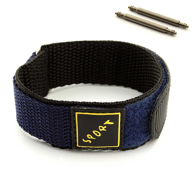 May include: A blue nylon watch strap with a black velcro closure and a yellow label that says "SPORT".